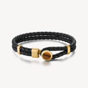 Bracciale uomo acciaio dorato pelle e occhio di tigre
