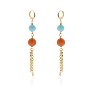 Orecchini bohemien in bronzo con perle turchesi e corallo