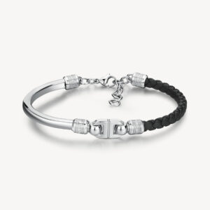 Knocker Bracciale acciaio e pelle intrecciata sintetica nera