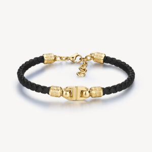 Knocker Bracciale acciaio dorato e pelle sintetica nera