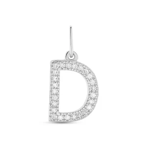 Ciondolo lettera D in oro bianco e zirconi