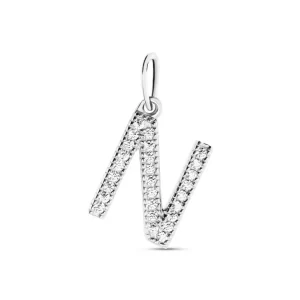 Ciondolo lettera N in oro bianco e zirconi