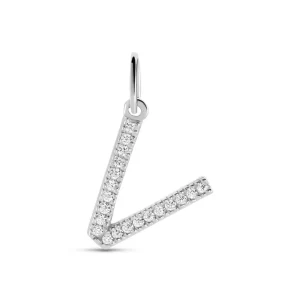 Ciondolo Lettera V in oro bianco con zirconi