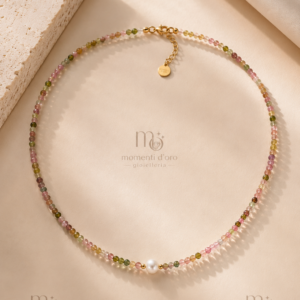 Collana in argento dorato, tormalina e perla